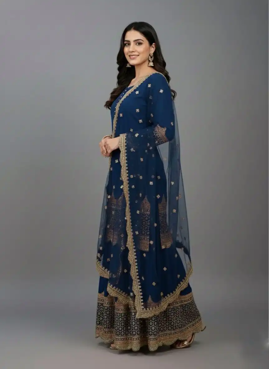 ZF 250 Navy Blue Color Faux Georgette Embroidery Sequence Work Sharara Suit Wedding, Party, Festive, Events Etc. Expected Delivery 4-6 Working Days @2099/- | Jump Suits, Straight Suits, Salwar suit, Designer Suits, Casual Suits, Creative suits, Palazzo Suits, Party Wear Suits, Patiala Suits
