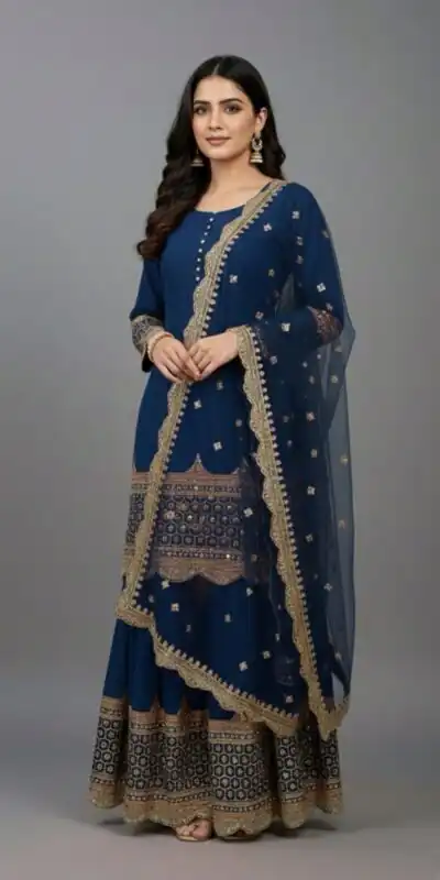 ZF 250 Navy Blue Color Faux Georgette Embroidery Sequence Work Sharara Suit Wedding, Party, Festive, Events Etc. Expected Delivery 4-6 Working Days @2099/- | Jump Suits, Straight Suits, Salwar suit, Designer Suits, Casual Suits, Creative suits, Palazzo Suits, Party Wear Suits, Patiala Suits