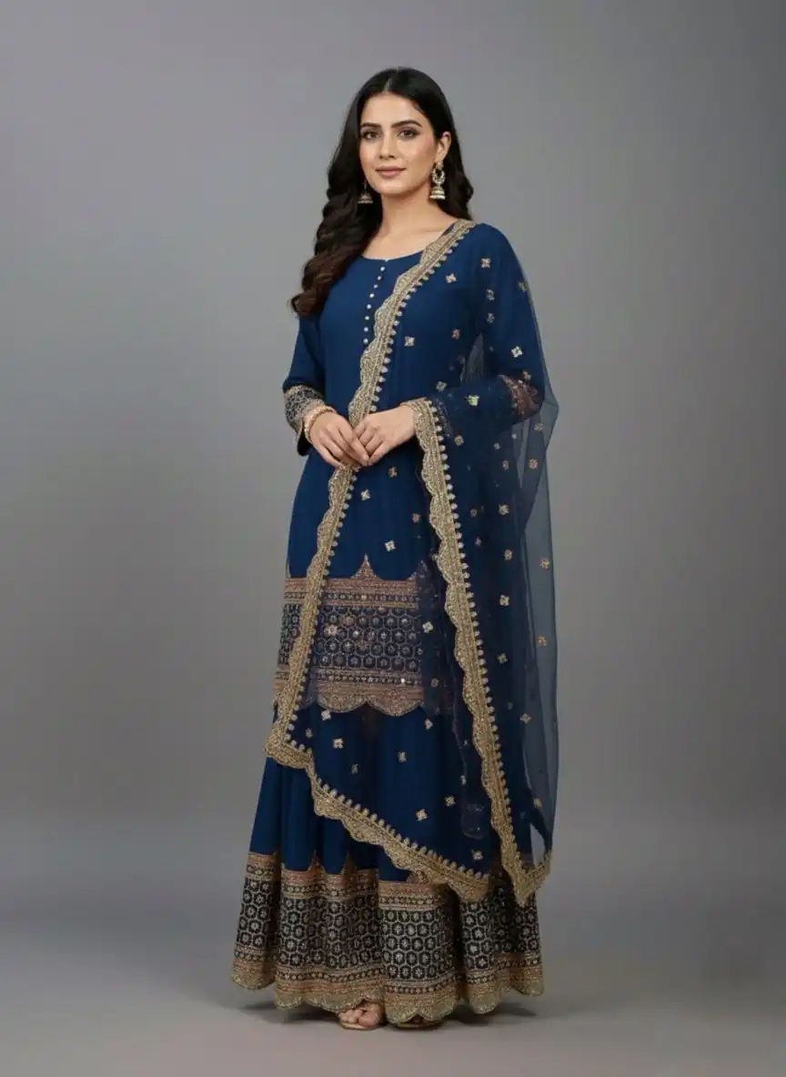 ZF 250 Navy Blue Color Faux Georgette Embroidery Sequence Work Sharara Suit Wedding, Party, Festive, Events Etc. Expected Delivery 4-6 Working Days @2099/- | Jump Suits, Straight Suits, Salwar suit, Designer Suits, Casual Suits, Creative suits, Palazzo Suits, Party Wear Suits, Patiala Suits
