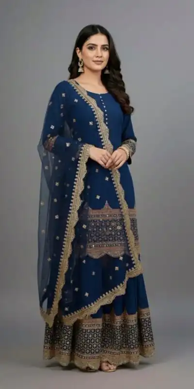 ZF 250 Navy Blue Color Faux Georgette Embroidery Sequence Work Sharara Suit Wedding, Party, Festive, Events Etc. Expected Delivery 4-6 Working Days @2099/- | Jump Suits, Straight Suits, Salwar suit, Designer Suits, Casual Suits, Creative suits, Palazzo Suits, Party Wear Suits, Patiala Suits