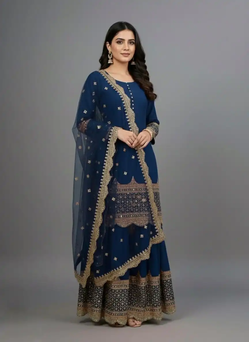 ZF 250 Navy Blue Color Faux Georgette Embroidery Sequence Work Sharara Suit Wedding, Party, Festive, Events Etc. Expected Delivery 4-6 Working Days @2099/- | Jump Suits, Straight Suits, Salwar suit, Designer Suits, Casual Suits, Creative suits, Palazzo Suits, Party Wear Suits, Patiala Suits
