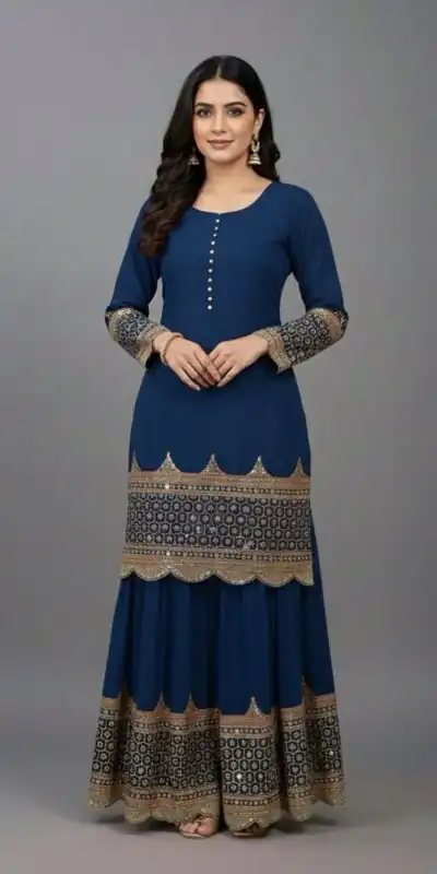 ZF 250 Navy Blue Color Faux Georgette Embroidery Sequence Work Sharara Suit Wedding, Party, Festive, Events Etc. Expected Delivery 4-6 Working Days @2099/- | Jump Suits, Straight Suits, Salwar suit, Designer Suits, Casual Suits, Creative suits, Palazzo Suits, Party Wear Suits, Patiala Suits