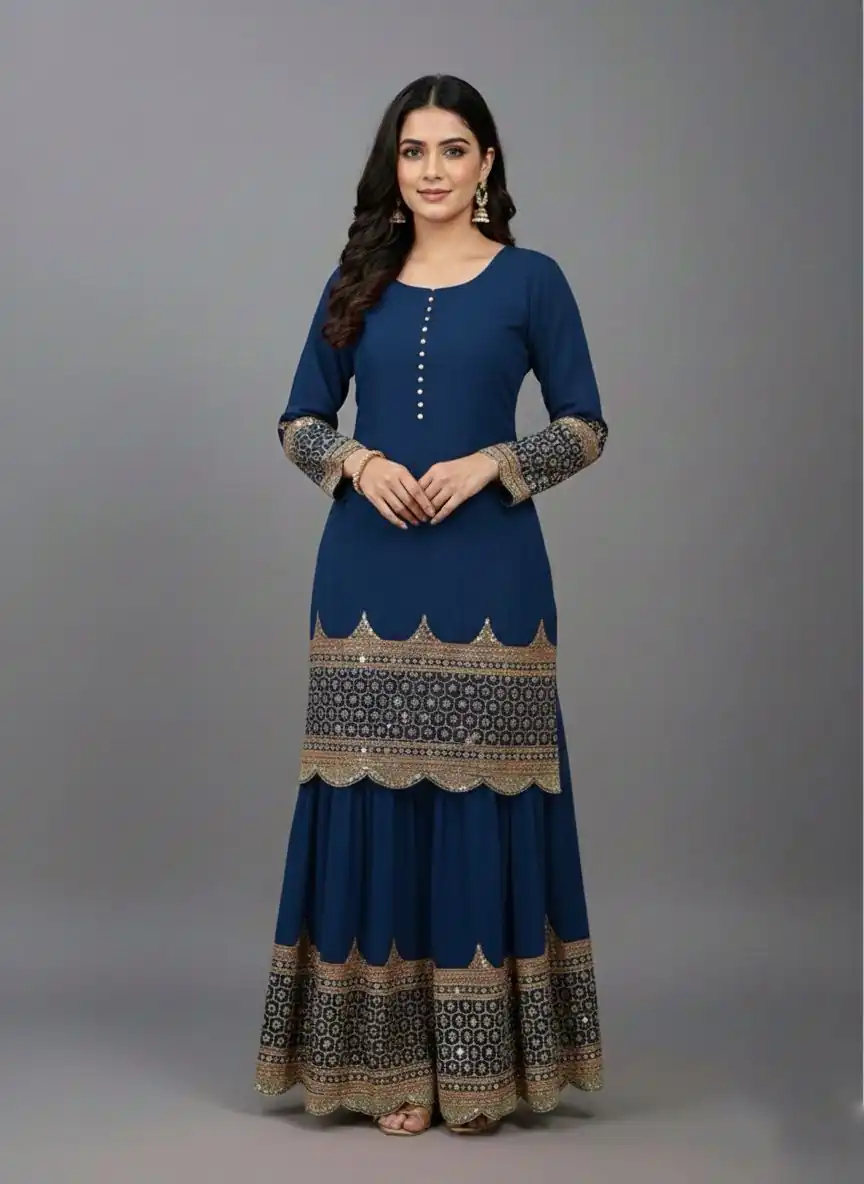 ZF 250 Navy Blue Color Faux Georgette Embroidery Sequence Work Sharara Suit Wedding, Party, Festive, Events Etc. Expected Delivery 4-6 Working Days @2099/- | Jump Suits, Straight Suits, Salwar suit, Designer Suits, Casual Suits, Creative suits, Palazzo Suits, Party Wear Suits, Patiala Suits
