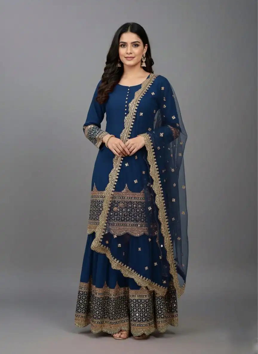 ZF 250 Navy Blue Color Faux Georgette Embroidery Sequence Work Sharara Suit Wedding, Party, Festive, Events Etc. Expected Delivery 4-6 Working Days @2099/- | Jump Suits, Straight Suits, Salwar suit, Designer Suits, Casual Suits, Creative suits, Palazzo Suits, Party Wear Suits, Patiala Suits