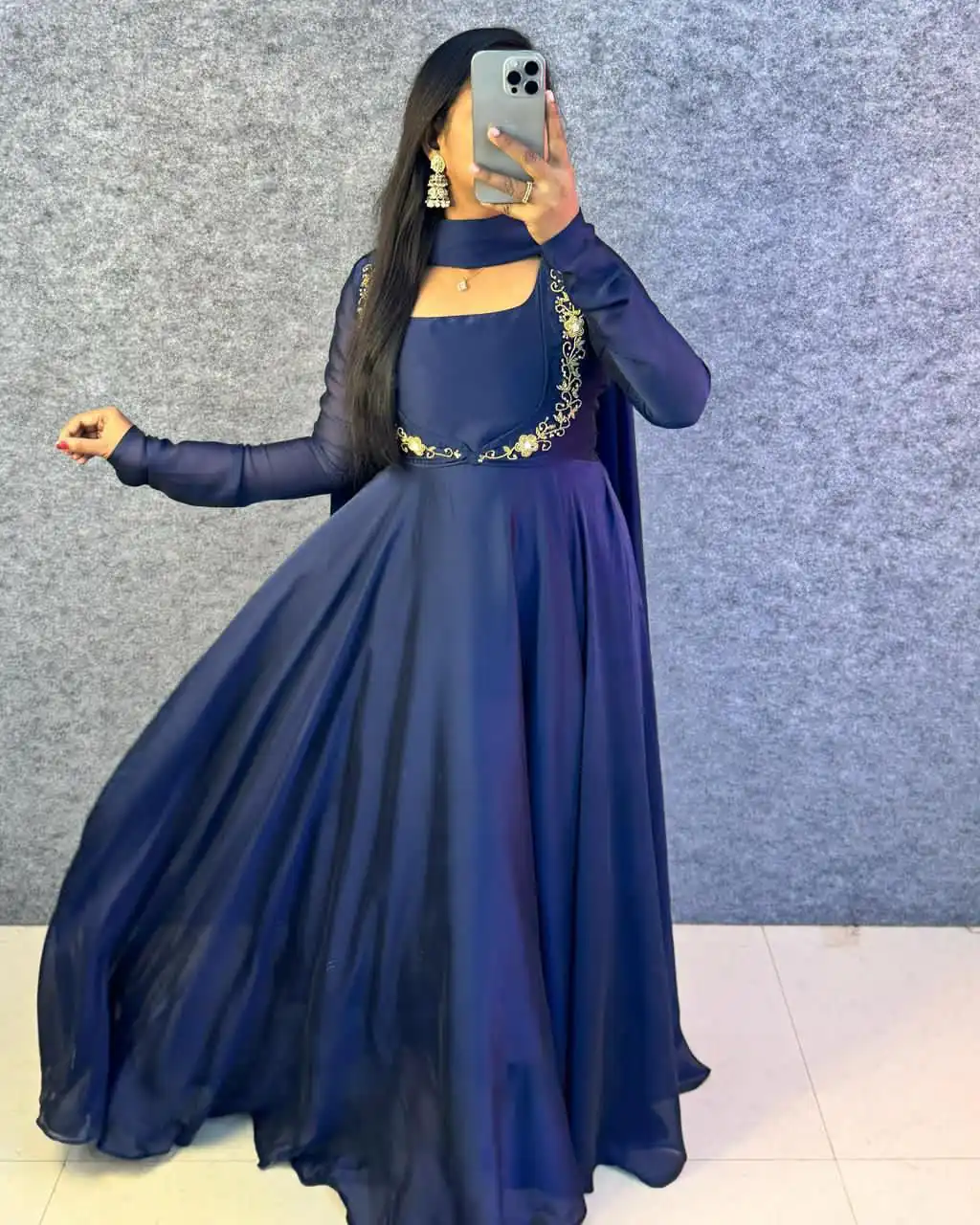 MF 888 Navy Blue Rangoli Silk Gown with Lace Border & Lace Work. Available at ₹1649 only. Delivery 4-6 Working Days. Shop now. | Gowns, Bollywood Gowns, Creative Gowns, Designer Gowns, Embroidered Gowns, Party Wear Gowns