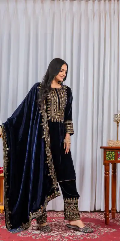 AD 089 Navy Blue Viscose Velvet Salwar Suit with Embroidery Work. Affordable Price ₹1999. Delivery 4-6 Working Days. Shop now. | Jump Suits, Salwar suit, Designer Suits, Casual Suits, Creative suits, Palazzo Suits, Party Wear Suits, Patiala Suits, Straight Suits