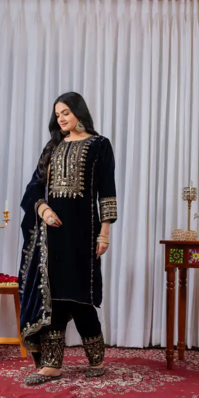 AD 089 Navy Blue Viscose Velvet Salwar Suit with Embroidery Work. Affordable Price ₹1999. Delivery 4-6 Working Days. Shop now. | Jump Suits, Salwar suit, Designer Suits, Casual Suits, Creative suits, Palazzo Suits, Party Wear Suits, Patiala Suits, Straight Suits
