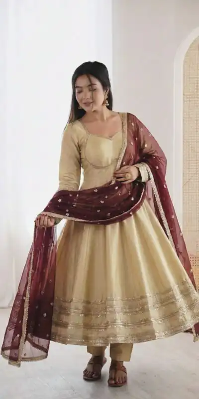 ZF 5017 Off White Cosmos Gold Gown with Embroidery Work & Lace Work. Get it for ₹2099. Delivery 4-6 Working Days. Shop now. | Gowns, Bollywood Gowns, Creative Gowns, Designer Gowns, Embroidered Gowns, Party Wear Gowns