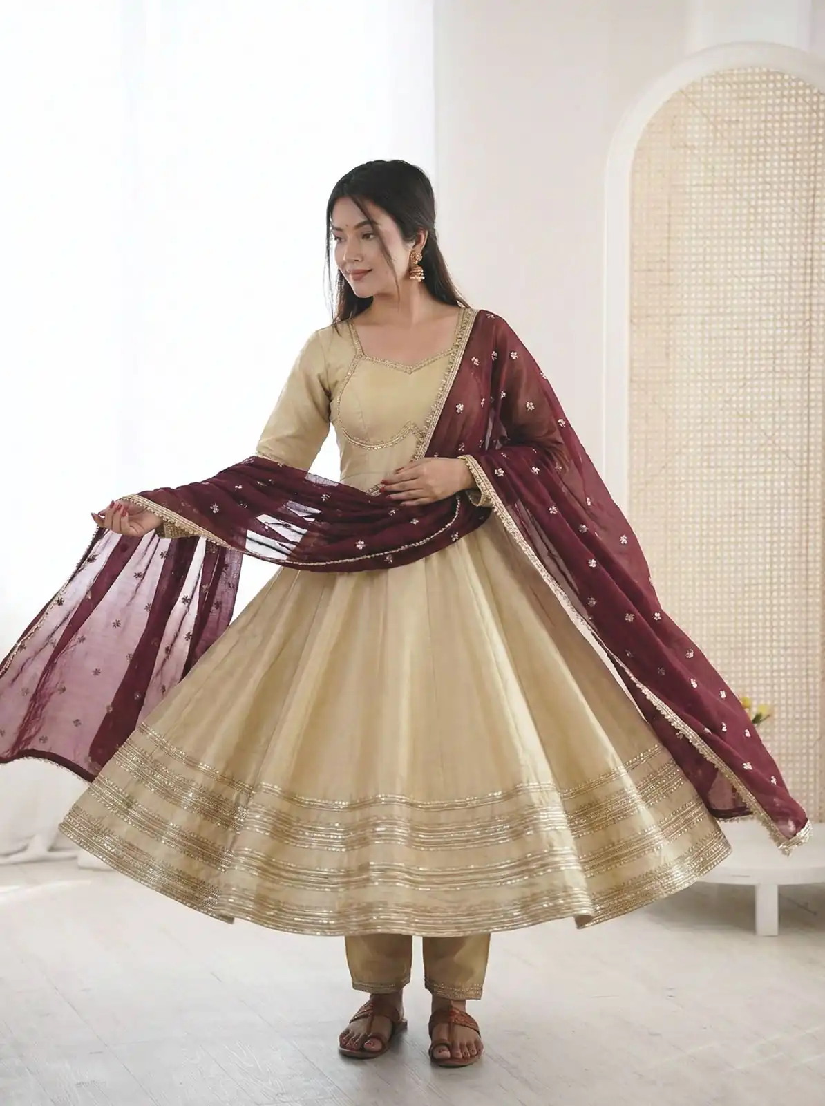 ZF 5017 Off White Cosmos Gold Gown with Embroidery Work & Lace Work. Get it for ₹2099. Delivery 4-6 Working Days. Shop now. | Gowns, Bollywood Gowns, Creative Gowns, Designer Gowns, Embroidered Gowns, Party Wear Gowns