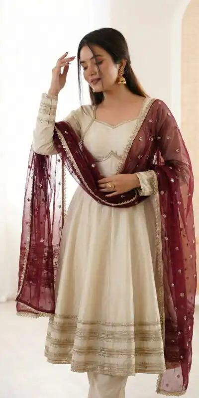 ZF 5017 Off White Cosmos Gold Gown with Embroidery Work & Lace Work. Get it for ₹2099. Delivery 4-6 Working Days. Shop now. | Gowns, Bollywood Gowns, Creative Gowns, Designer Gowns, Embroidered Gowns, Party Wear Gowns