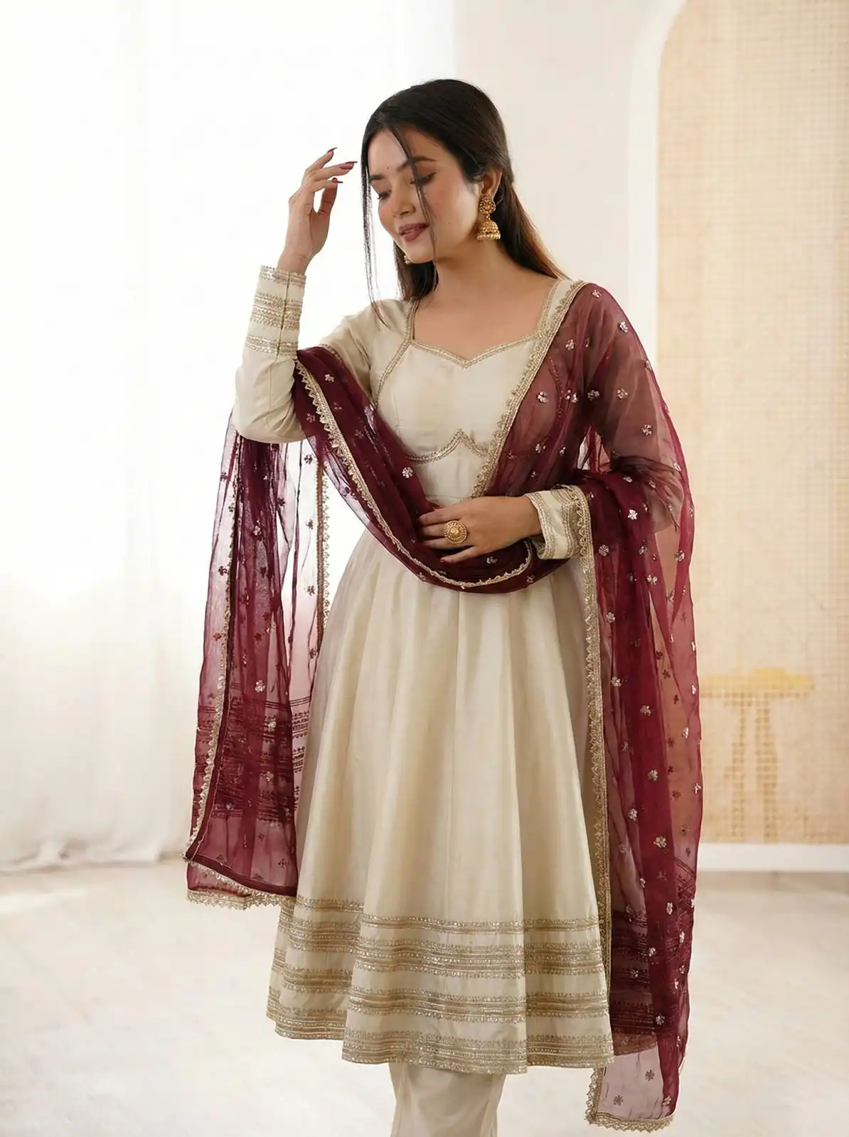 ZF 5017 Off White Cosmos Gold Gown with Embroidery Work & Lace Work. Get it for ₹2099. Delivery 4-6 Working Days. Shop now. | Gowns, Bollywood Gowns, Creative Gowns, Designer Gowns, Embroidered Gowns, Party Wear Gowns