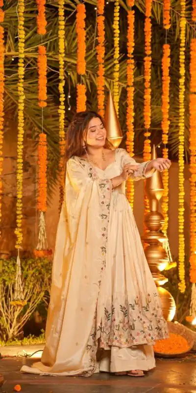 NF 1264 Off White Natural Crap Silk Anarkali Suit with Embroidery Work. Available at ₹3049 only. Delivery 4-6 Working Days. Shop now. | Anarkali Suits, Bollywood Anarkali, Creative-Anarkali, Designer Anarkali, Embroidered Anarkali, Party Wear Anarkali