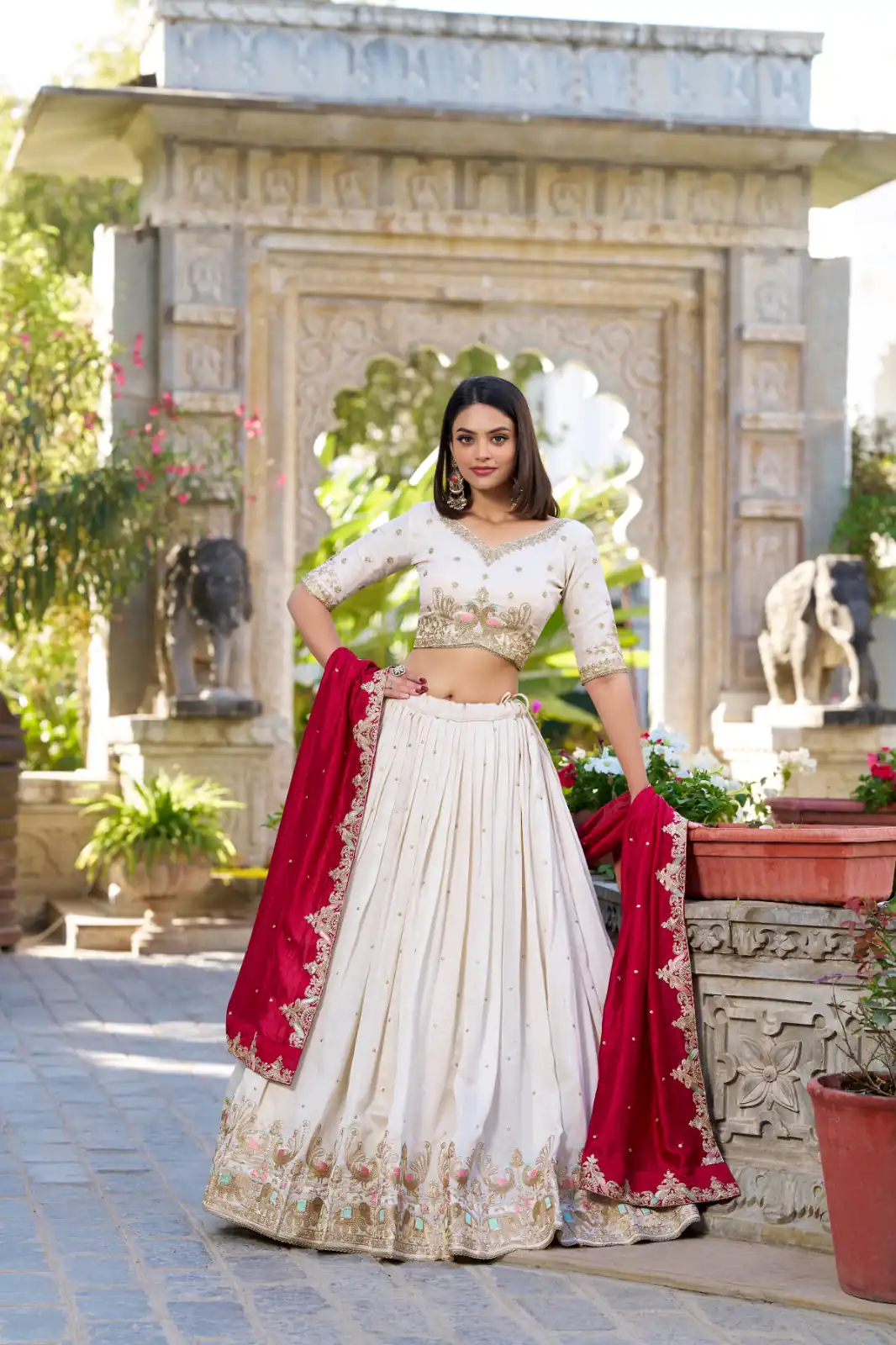 LNB 1411 Off White Vichitra Silk Lehenga Choli Perfect for Wedding, Party, Festival Celebrations, Ethnic Day, Durga Puja – . Available at ₹3499 on | Lehenga, Bollywood Lehenga, Creative Lehenga, Designer Lehenga, Embroidered Lehenga, Party Wear Lehenga