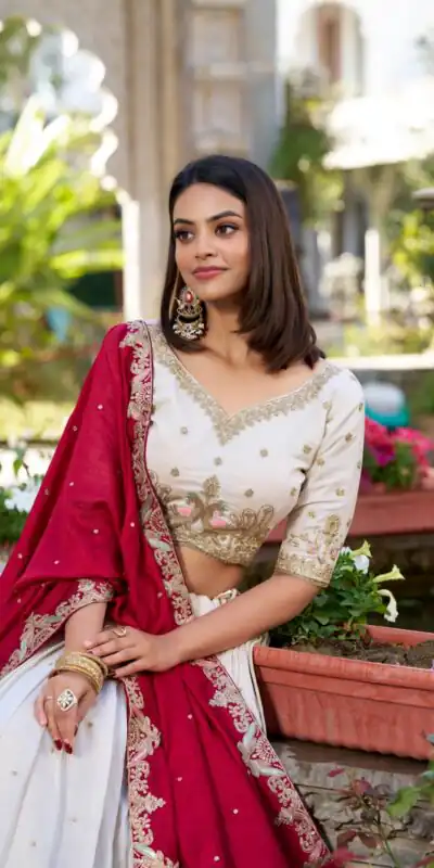 LNB 1411 Off White Vichitra Silk Lehenga Choli Perfect for Wedding, Party, Festival Celebrations, Ethnic Day, Durga Puja – . Available at ₹3499 on | Lehenga, Bollywood Lehenga, Creative Lehenga, Designer Lehenga, Embroidered Lehenga, Party Wear Lehenga