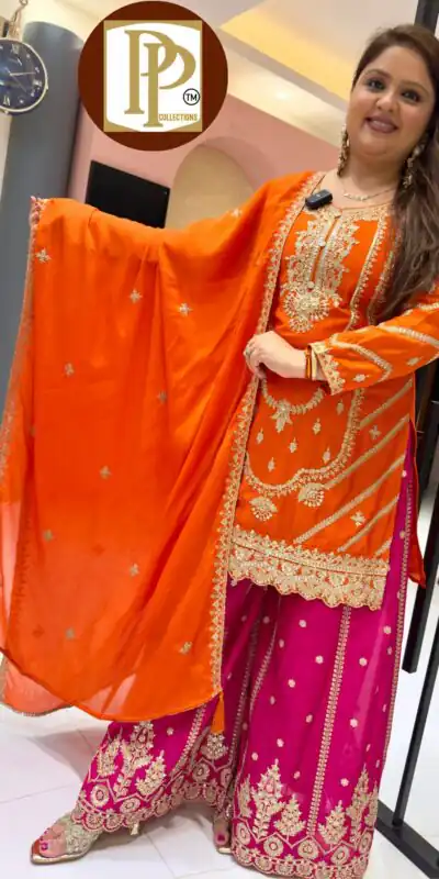 ND 5033 Orange Chinon Silk Salwar Suit with Embroidery Work & Lace Work. Affordable Price ₹2149. Delivery 4-6 Working Days. Shop now. | Designer Suits, Jump Suits, Salwar suit, Casual Suits, Creative suits, Palazzo Suits, Party Wear Suits, Patiala Suits, Straight Suits