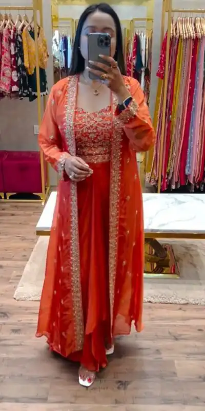 BB 56 Orange Chinon Silk Dhoti Suit with Embroidery Work & Sequins Work. Grab it for ₹1899. Delivery 4-6 Working Days. Shop now. | Designer Suits, Jump Suits, Salwar suit, Casual Suits, Creative suits, Palazzo Suits, Party Wear Suits, Patiala Suits, Straight Suits