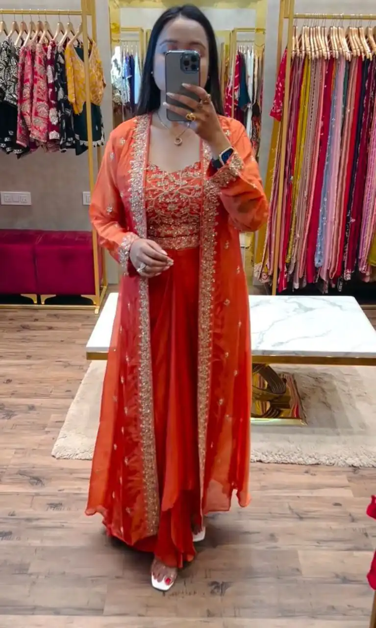 BB 56 Orange Chinon Silk Dhoti Suit with Embroidery Work & Sequins Work. Grab it for ₹1899. Delivery 4-6 Working Days. Shop now. | Designer Suits, Jump Suits, Salwar suit, Casual Suits, Creative suits, Palazzo Suits, Party Wear Suits, Patiala Suits, Straight Suits