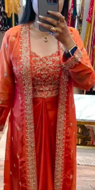 BB 56 Orange Chinon Silk Dhoti Suit with Embroidery Work & Sequins Work. Grab it for ₹1899. Delivery 4-6 Working Days. Shop now. | Designer Suits, Jump Suits, Salwar suit, Casual Suits, Creative suits, Palazzo Suits, Party Wear Suits, Patiala Suits, Straight Suits