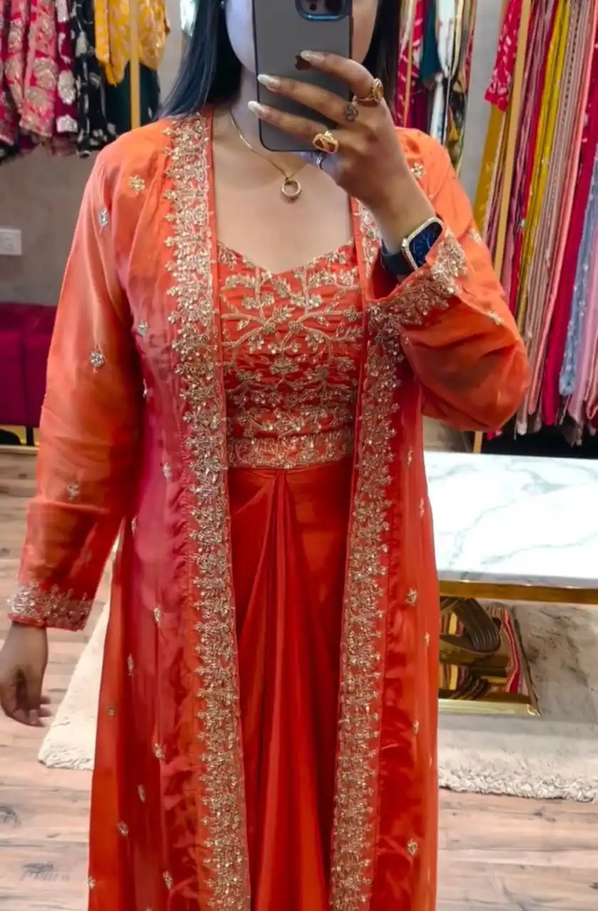 BB 56 Orange Chinon Silk Dhoti Suit with Embroidery Work & Sequins Work. Grab it for ₹1899. Delivery 4-6 Working Days. Shop now. | Designer Suits, Jump Suits, Salwar suit, Casual Suits, Creative suits, Palazzo Suits, Party Wear Suits, Patiala Suits, Straight Suits