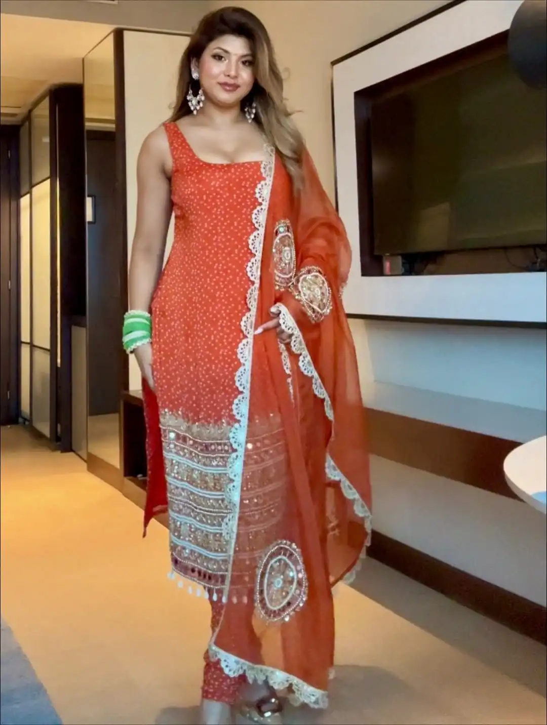 ST 1142 Orange Faux Georgette Salwar Suit with Mirror Work & Embroidery Work. Introductory Price ₹2449. Delivery 4-6 Working Days. Shop now. | Jump Suits, Salwar suit, Designer Suits, Casual Suits, Creative suits, Palazzo Suits, Party Wear Suits, Patiala Suits, Straight Suits