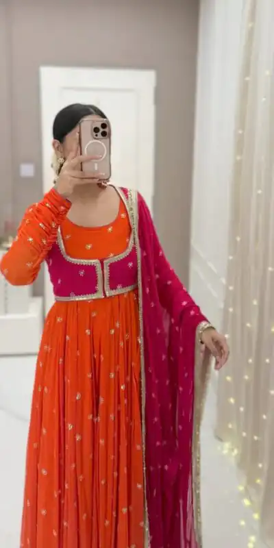 KD 1518 Orange Faux Georgette Salwar Suit Perfect for Wedding, Party, Raksha Bandhan, Housewarming, Bridal Wear – . Available at ₹2099 only. Delivery | Jump Suits, Salwar suit, Designer Suits, Casual Suits, Creative suits, Palazzo Suits, Party Wear Suits, Patiala Suits, Straight Suits