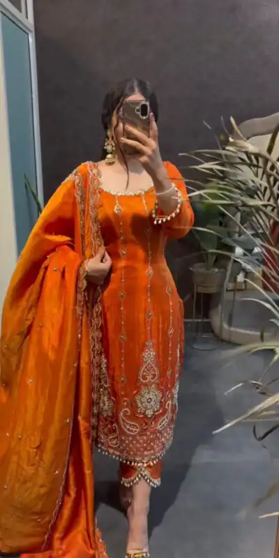 RTC 5970 Orange Fendy Silk Salwar Suit with Cut Work & Lace Work. Exclusive Offer ₹2399. Delivery 4-6 Working Days. Shop now. | Jump Suits, Salwar suit, Designer Suits, Casual Suits, Creative suits, Palazzo Suits, Party Wear Suits, Patiala Suits, Straight Suits
