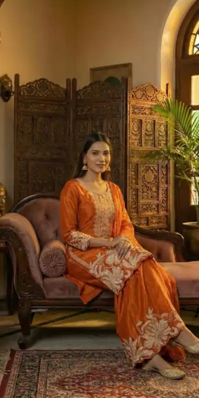 BE 442 Orange Organza Silk Salwar Suit with Embroidery Work & Cowrie Work. Grab it for ₹2049. Delivery 4-6 Working Days. Shop now. | Jump Suits, Salwar suit, Designer Suits, Casual Suits, Creative suits, Palazzo Suits, Party Wear Suits, Patiala Suits, Straight Suits
