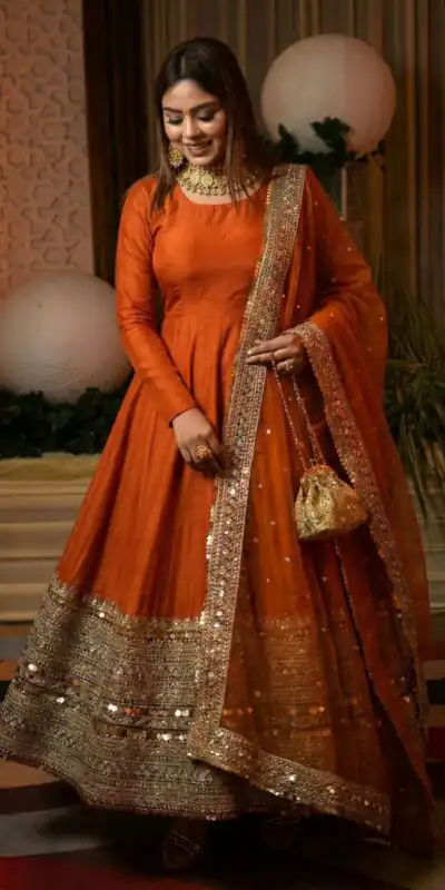 ZSR 3152 Orange Color Roman silk Gown with Embroidery Work & Lace Work. Grab it for ₹2599. Delivery 4-6 Working Days. Shop now. | Gowns, Bollywood Gowns, Creative Gowns, Designer Gowns, Embroidered Gowns, Party Wear Gowns