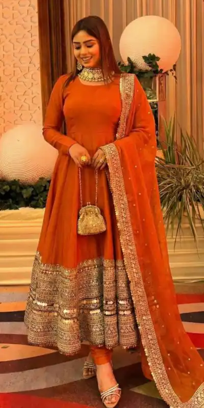 ZSR 3152 Orange Color Roman silk Gown with Embroidery Work & Lace Work. Grab it for ₹2599. Delivery 4-6 Working Days. Shop now. | Gowns, Bollywood Gowns, Creative Gowns, Designer Gowns, Embroidered Gowns, Party Wear Gowns
