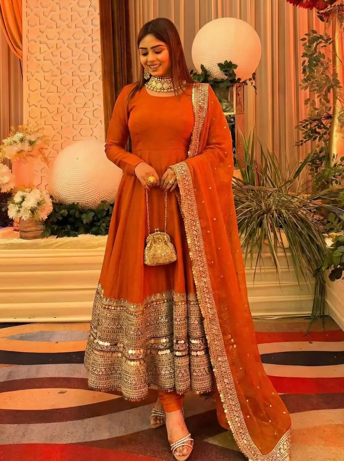 ZSR 3152 Orange Color Roman silk Gown with Embroidery Work & Lace Work. Grab it for ₹2599. Delivery 4-6 Working Days. Shop now. | Gowns, Bollywood Gowns, Creative Gowns, Designer Gowns, Embroidered Gowns, Party Wear Gowns