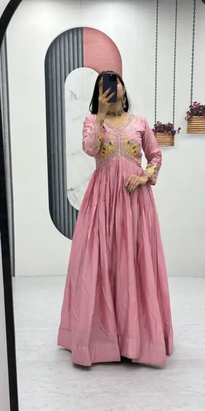 PC 542 Peach Color Chinon Gown with Thread & Embroidery Work. Available at ₹1749 only. Delivery 4-6 Working Days. Shop now. | Gowns, Bollywood Gowns, Creative Gowns, Designer Gowns, Embroidered Gowns, Party Wear Gowns