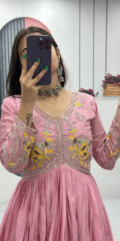 PC 542 Peach Color Chinon Gown with Thread & Embroidery Work. Available at ₹1749 only. Delivery 4-6 Working Days. Shop now. | Gowns, Bollywood Gowns, Creative Gowns, Designer Gowns, Embroidered Gowns, Party Wear Gowns