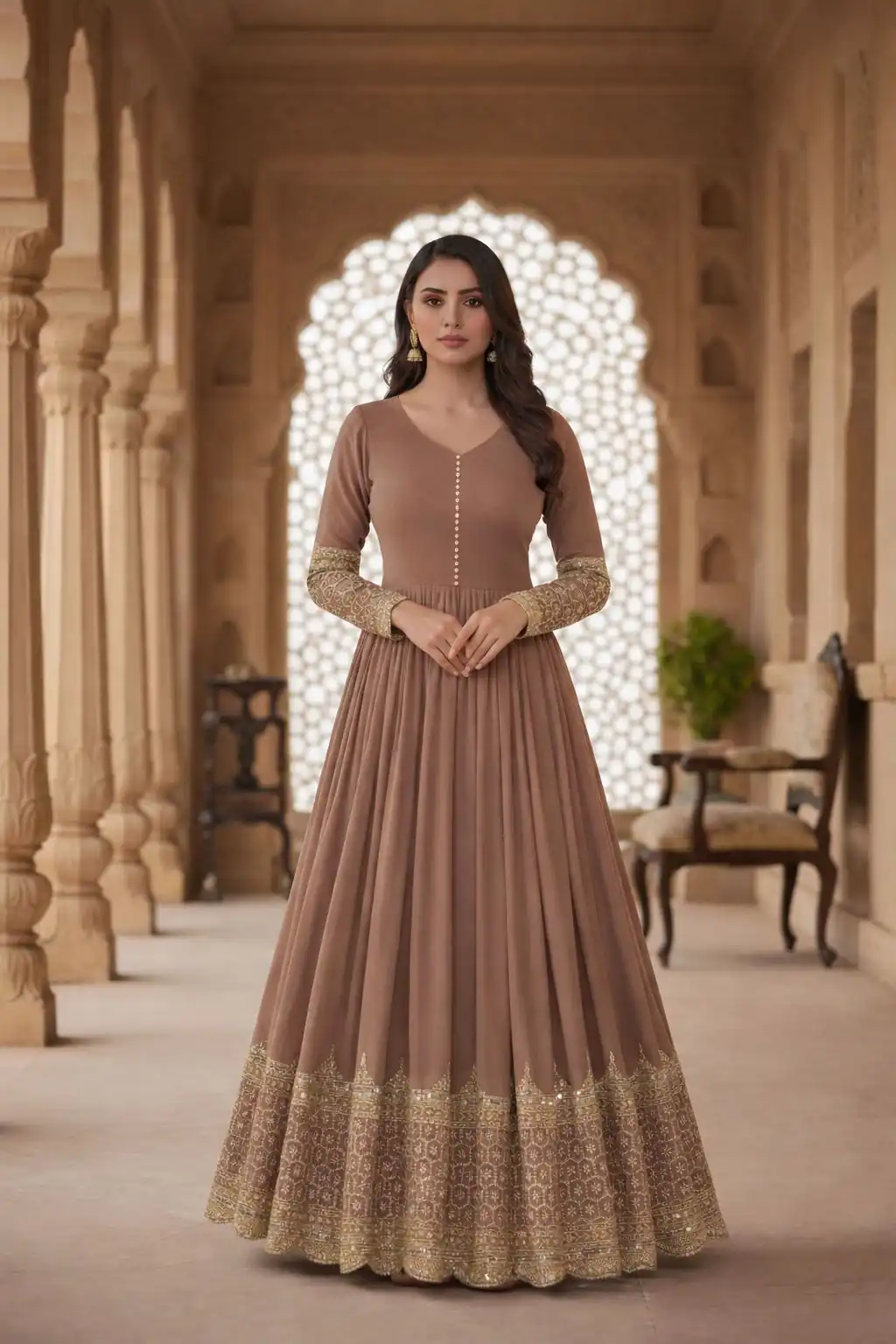 ZF 194 Peach Faux Georgette Gown Perfect for Wedding, Party, Makar Sankranti, Karwa Chauth, Ethnic Day – . Now at just ₹1999. Delivery 4-6 Working D | Gowns, Bollywood Gowns, Creative Gowns, Designer Gowns, Embroidered Gowns, Party Wear Gowns