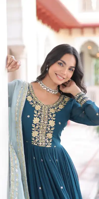 KA 1217 Peacock Blue Faux Georgette Sequence Work Gown Gown. Wedding, Party, Festive, Events Grab it for ₹2149. Delivery 4-6 Working Days. Shop now. | Gowns, Bollywood Gowns, Creative Gowns, Designer Gowns, Embroidered Gowns, Party Wear Gowns