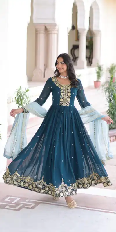 KA 1217 Peacock Blue Faux Georgette Sequence Work Gown Gown. Wedding, Party, Festive, Events Grab it for ₹2149. Delivery 4-6 Working Days. Shop now. | Gowns, Bollywood Gowns, Creative Gowns, Designer Gowns, Embroidered Gowns, Party Wear Gowns