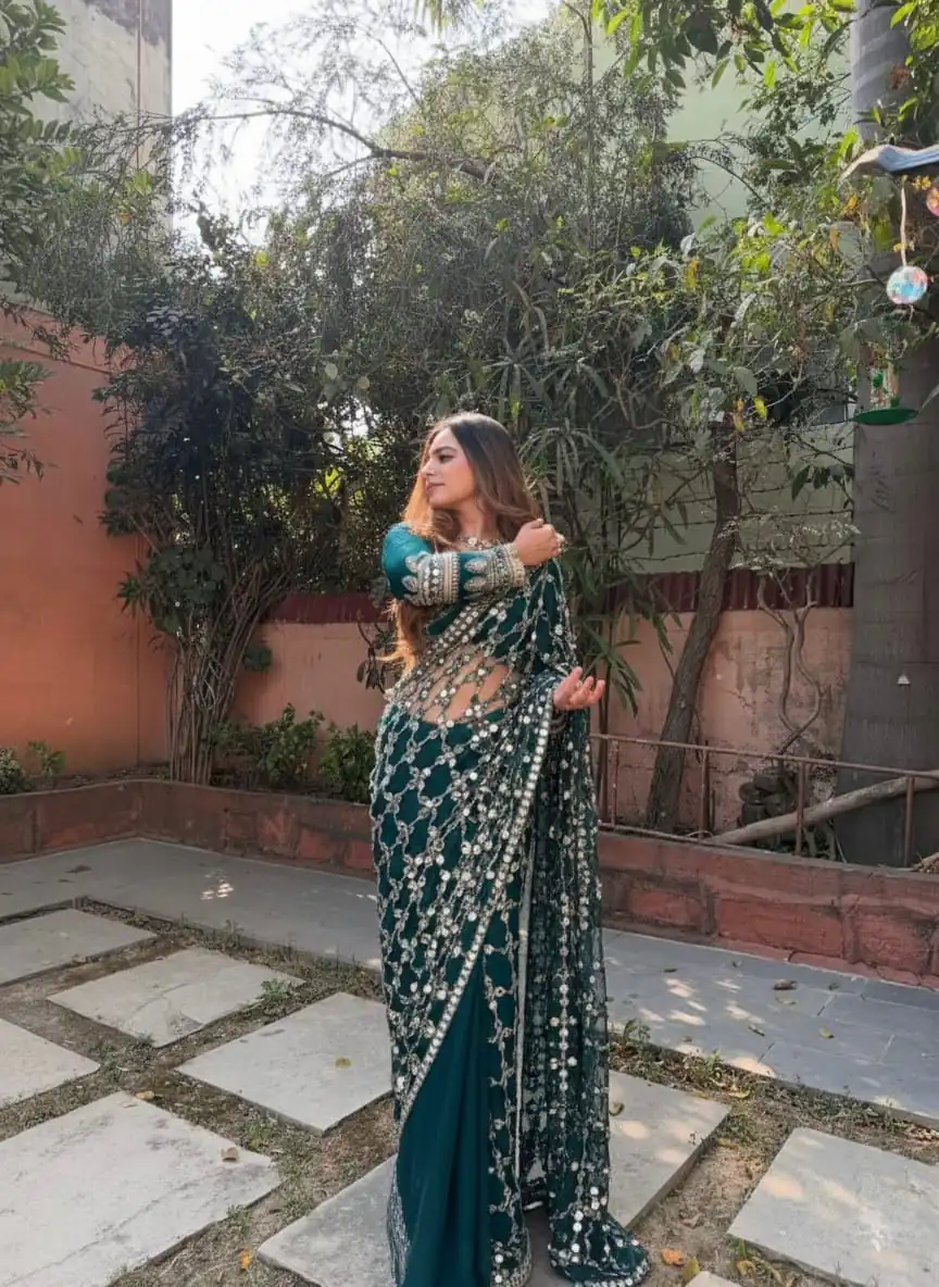 SRK 5322 Peacock Blue Fendy Silk Saree Lace Work & Mirror Work. Wedding, Party, Festive, Events, Festive Deal ₹2499. Delivery 4-6 Working Days. Shop now. | Sarees, Bollywood Sarees, Creative Sarees, Designer Sarees, Embroidered Sarees, Ethnic Saree, Modern Digital sarees, Party Wear Sarees