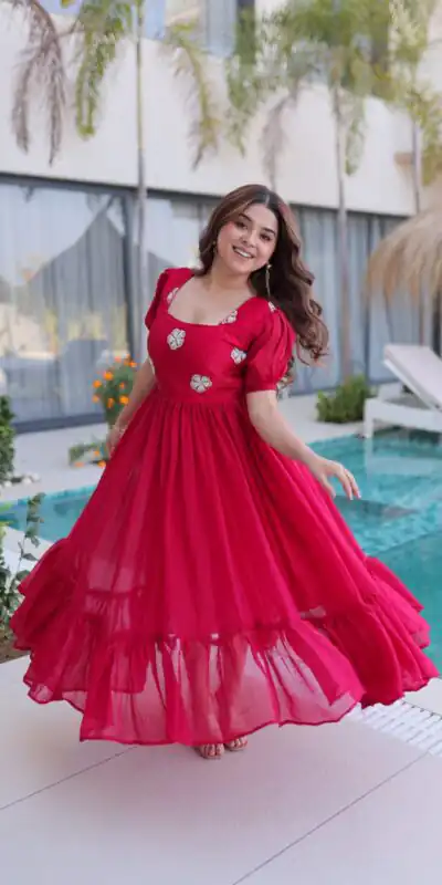 KA 1224 Pink Color Fendi Silk Gown with Embroidery Work & Bead Work. Get it for ₹1769. Delivery 4-6 Working Days. Shop now. | Gowns, Bollywood Gowns, Creative Gowns, Designer Gowns, Embroidered Gowns, Party Wear Gowns