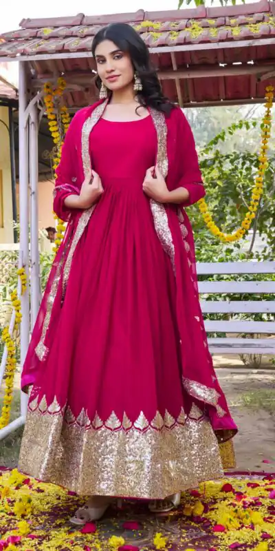 Ram 157 Pink Fox Georgette Gown Perfect for Wedding, Party, Ethnic Day, Pongal, Durga Puja – . Affordable Price ₹2149. Delivery 4-6 Working Days. | Gowns, Bollywood Gowns, Creative Gowns, Designer Gowns, Embroidered Gowns, Party Wear Gowns