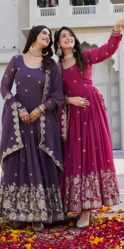 Ram 0153 Pink in Fox Georgette. Embroidery Work Gown Wedding, Party, Festive, Events Get it for ₹2049. Delivery 4-6 Working Days. Shop now. | Gowns, Bollywood Gowns, Creative Gowns, Designer Gowns, Embroidered Gowns, Party Wear Gowns