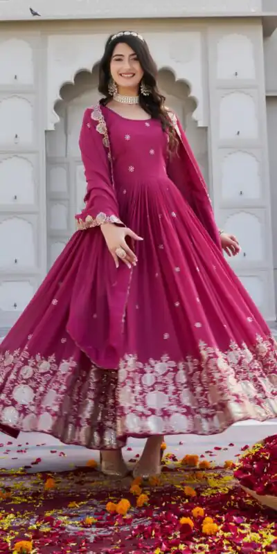 Ram 0153 Pink in Fox Georgette. Embroidery Work Gown Wedding, Party, Festive, Events Get it for ₹2049. Delivery 4-6 Working Days. Shop now. | Gowns, Bollywood Gowns, Creative Gowns, Designer Gowns, Embroidered Gowns, Party Wear Gowns