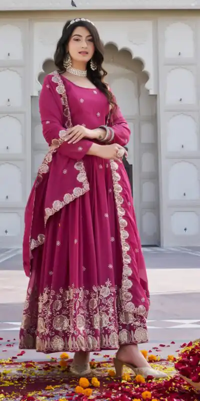 Ram 0153 Pink in Fox Georgette. Embroidery Work Gown Wedding, Party, Festive, Events Get it for ₹2049. Delivery 4-6 Working Days. Shop now. | Gowns, Bollywood Gowns, Creative Gowns, Designer Gowns, Embroidered Gowns, Party Wear Gowns