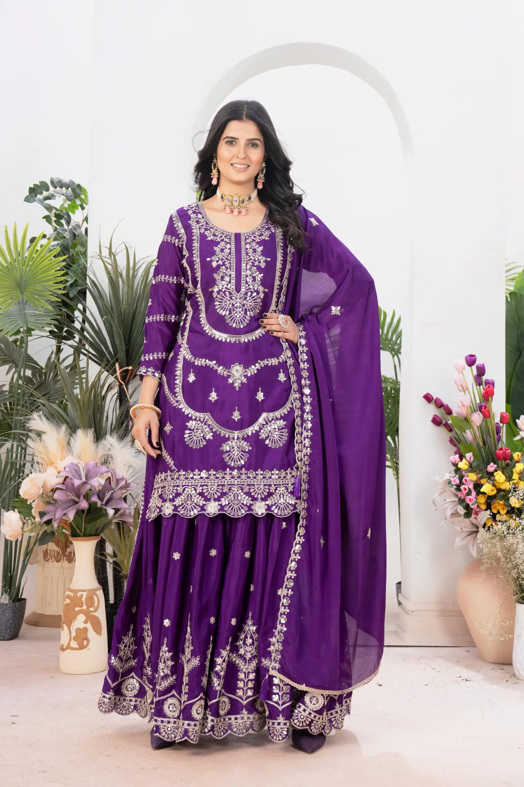 ND 5033 Purple Chinon Silk Salwar Suit with Embroidery Work & Lace Work. Affordable Price ₹2149. Delivery 4-6 Working Days. Shop now. | Jump Suits, Straight Suits, Salwar suit, Designer Suits, Casual Suits, Creative suits, Palazzo Suits, Party Wear Suits, Patiala Suits