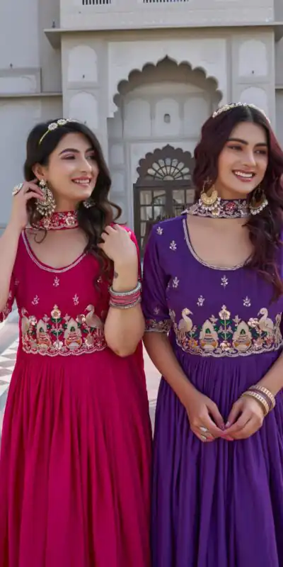 Ram 152 Purple Crap Silk Gown Perfect for Wedding, Party, Durga Puja, Temple Visit, Raksha Bandhan – . Available at ₹1899 only. Delivery 4-6 Working Days | Gowns, Bollywood Gowns, Creative Gowns, Designer Gowns, Embroidered Gowns, Party Wear Gowns