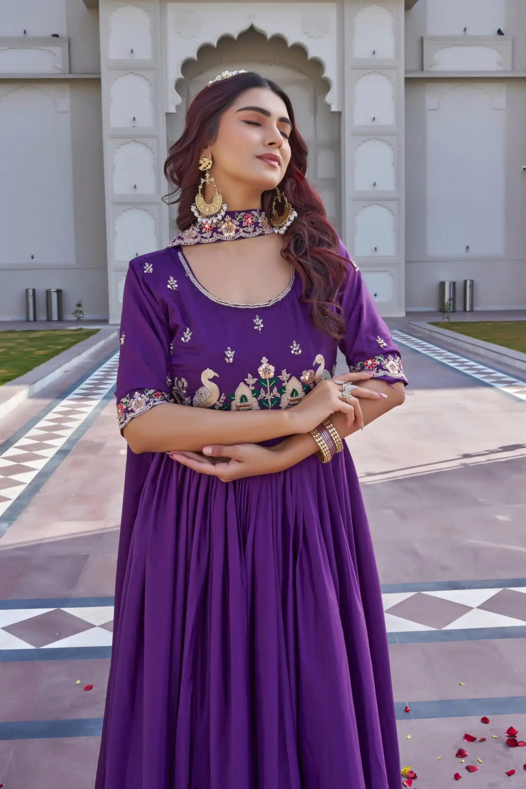 Ram 152 Purple Crap Silk Gown Perfect for Wedding, Party, Durga Puja, Temple Visit, Raksha Bandhan – . Available at ₹1899 only. Delivery 4-6 Working Days | Gowns, Bollywood Gowns, Creative Gowns, Designer Gowns, Embroidered Gowns, Party Wear Gowns