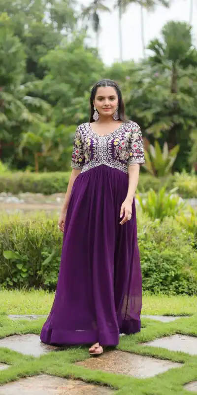 KA 1110 Purple Faux Blooming Gown Perfect for Wedding, Party, Holi, Lohri, Baby Shower – . Introductory Price ₹1649. Delivery 4-6 Working Days. Shop no | Gowns, Bollywood Gowns, Creative Gowns, Designer Gowns, Embroidered Gowns, Party Wear Gowns