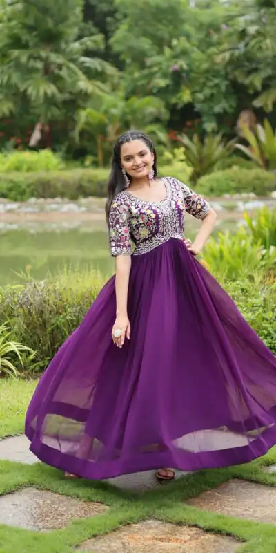 KA 1110 Purple Faux Blooming Gown Perfect for Wedding, Party, Holi, Lohri, Baby Shower – . Introductory Price ₹1649. Delivery 4-6 Working Days. Shop no | Gowns, Bollywood Gowns, Creative Gowns, Designer Gowns, Embroidered Gowns, Party Wear Gowns
