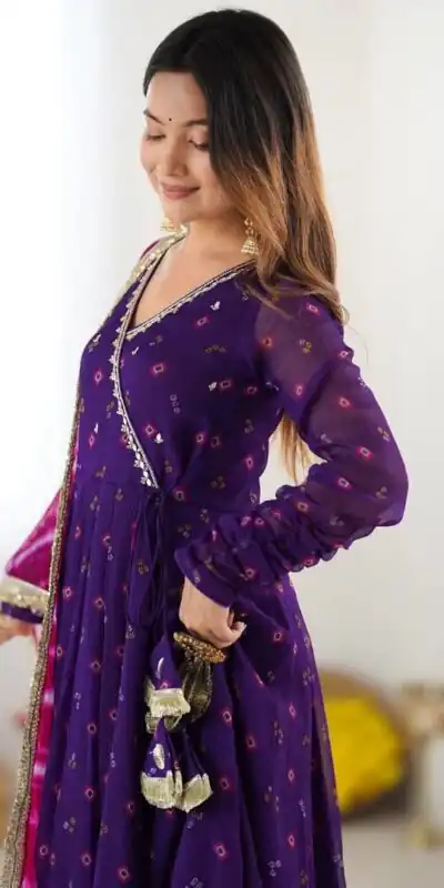 ST 1116 Purple Faux Georgette Gown with Digital Print & Embroidery Work. Exclusive Offer ₹1999. Delivery 4-6 Working Days. Shop now. | Gowns, Bollywood Gowns, Creative Gowns, Designer Gowns, Embroidered Gowns, Party Wear Gowns