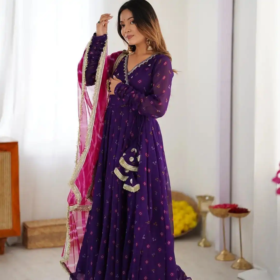 ST 1116 Purple Faux Georgette Gown with Digital Print & Embroidery Work. Exclusive Offer ₹1999. Delivery 4-6 Working Days. Shop now. | Gowns, Bollywood Gowns, Creative Gowns, Designer Gowns, Embroidered Gowns, Party Wear Gowns