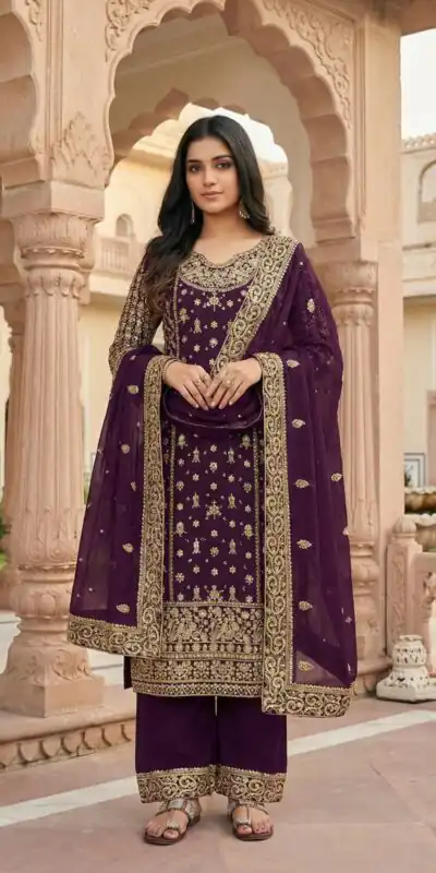NSR 879 Purple Faux Georgette Salwar Suit with Embroidery Work. Available at ₹2399 only. Delivery 4-6 Working Days. Shop now. | Jump Suits, Tops & Bottoms, Track Suits, Trendy Wear, Salwar suit, Designer Suits, Casual Suits, Creative suits, Palazzo Suits, Party Wear Suits, Patiala Suits, Straight Suits