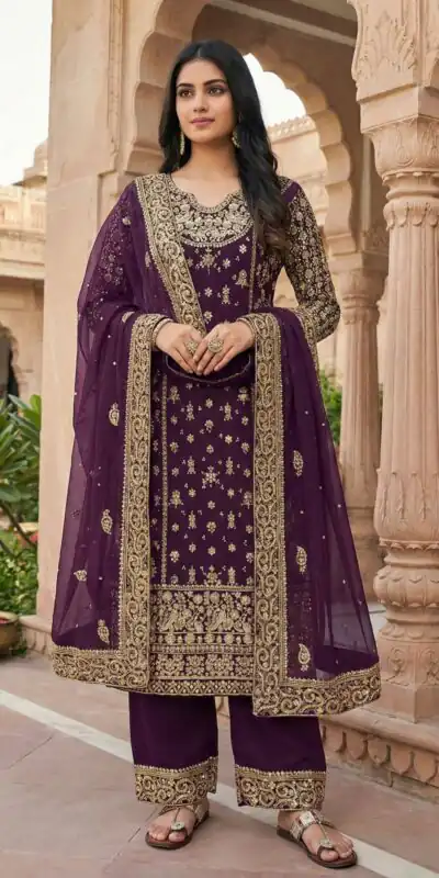 NSR 879 Purple Faux Georgette Salwar Suit with Embroidery Work. Available at ₹2399 only. Delivery 4-6 Working Days. Shop now. | Jump Suits, Tops & Bottoms, Track Suits, Trendy Wear, Salwar suit, Designer Suits, Casual Suits, Creative suits, Palazzo Suits, Party Wear Suits, Patiala Suits, Straight Suits